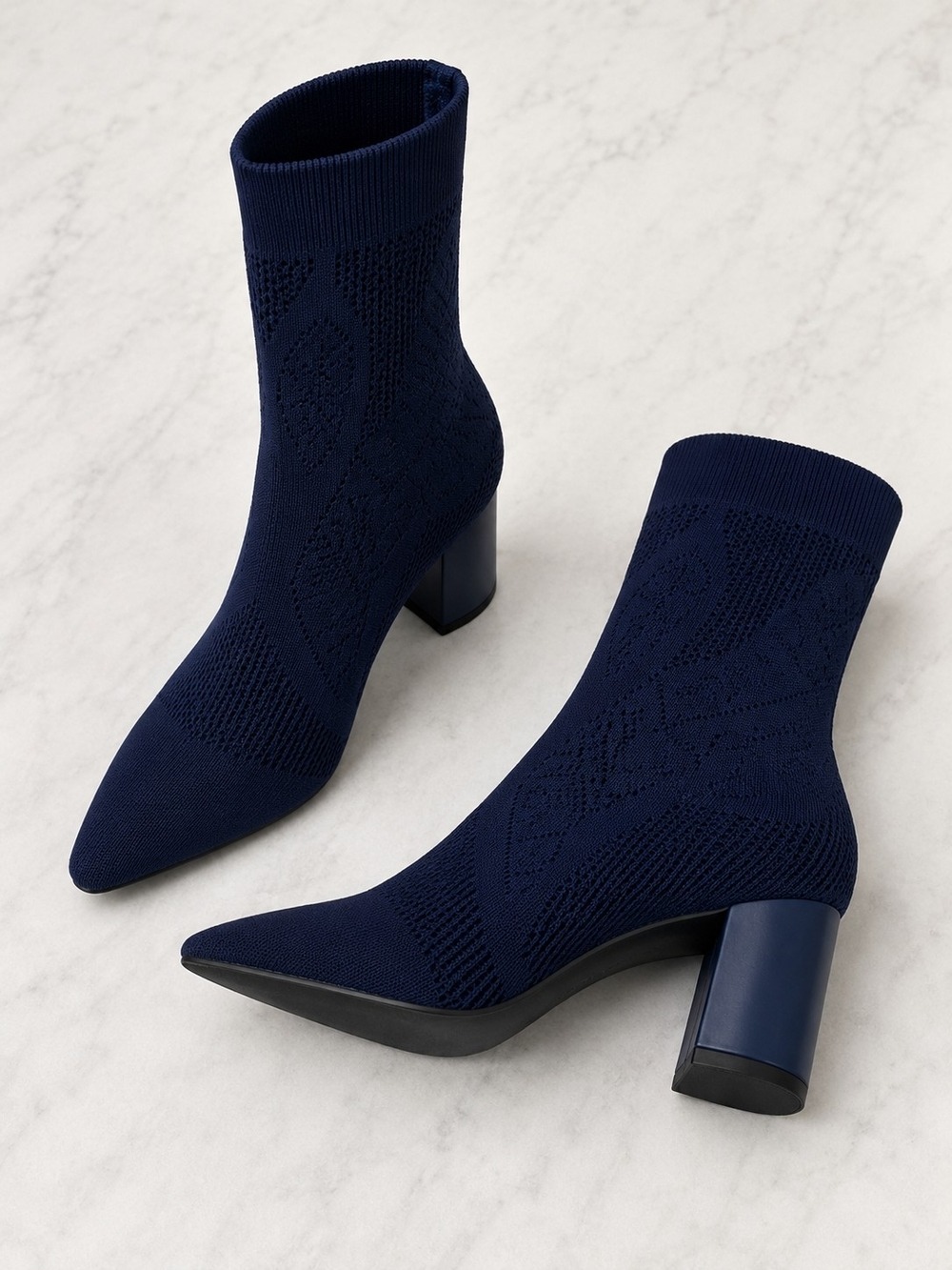 Impo Vesca Navy Knit Sock Ankle Boots Women's Size 9.5M Block Heel Stretch Booti - Picture 4 of 6